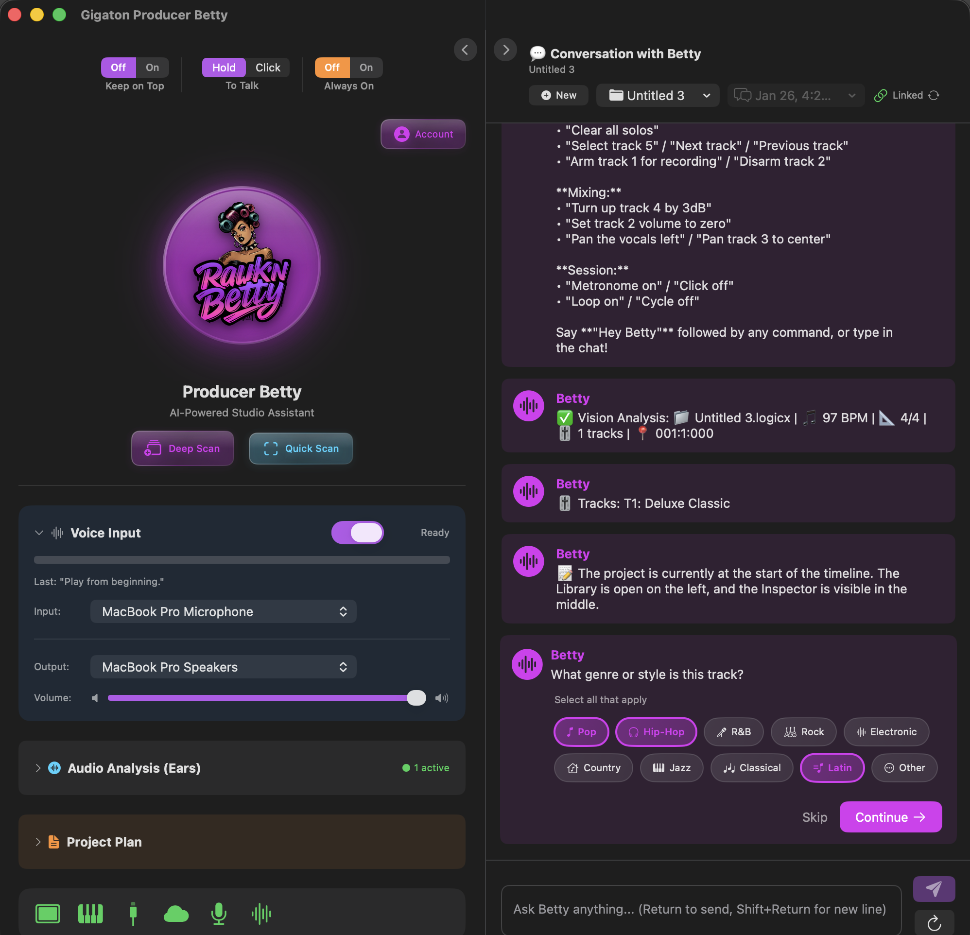 Chat panel with Betty responding