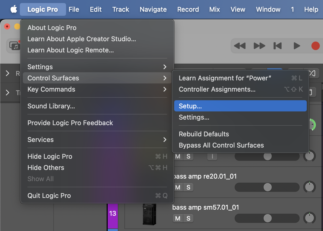 Logic Pro menu → Control Surfaces → Setup