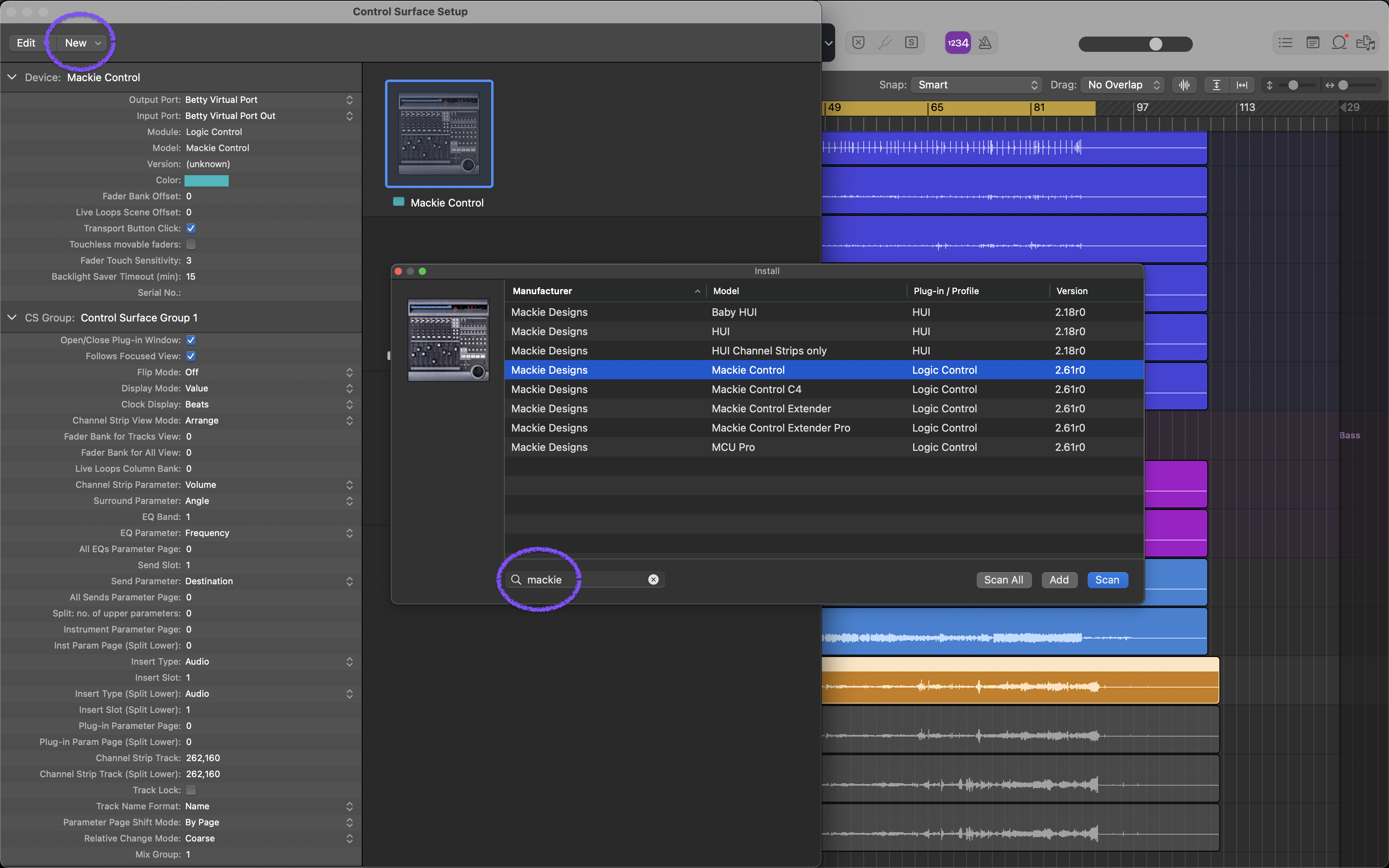 Control Surfaces window with New → Install highlighted
