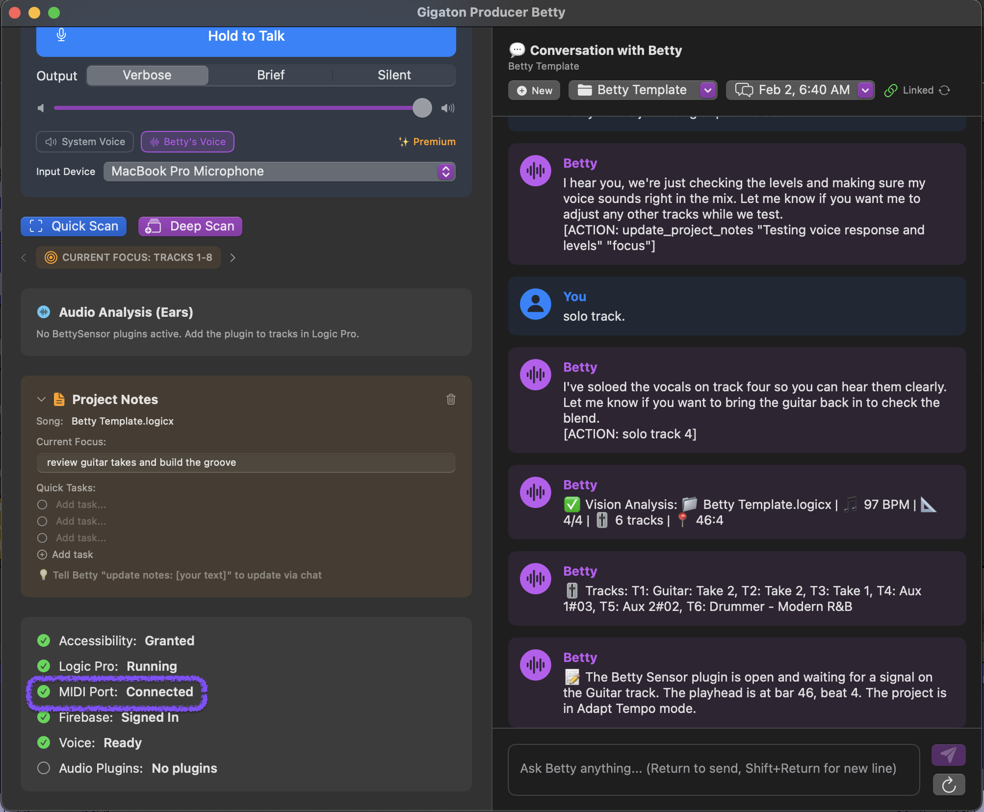 Betty showing Connected status