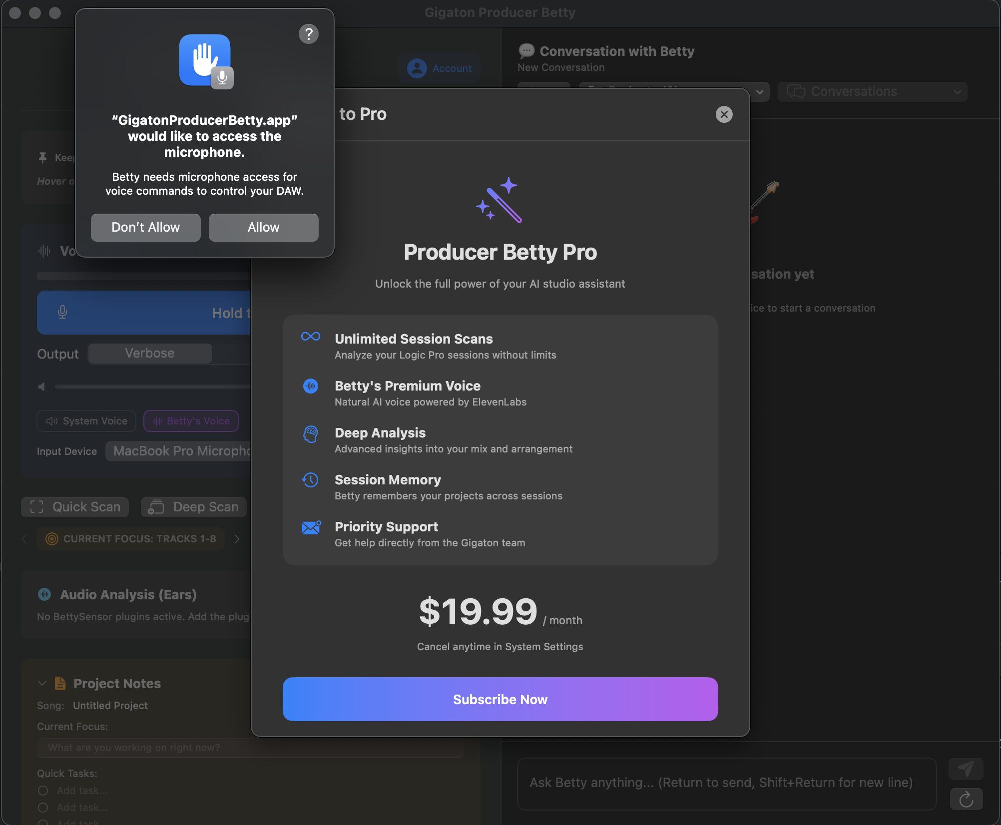 Producer Betty first launch - Screen Recording permission required