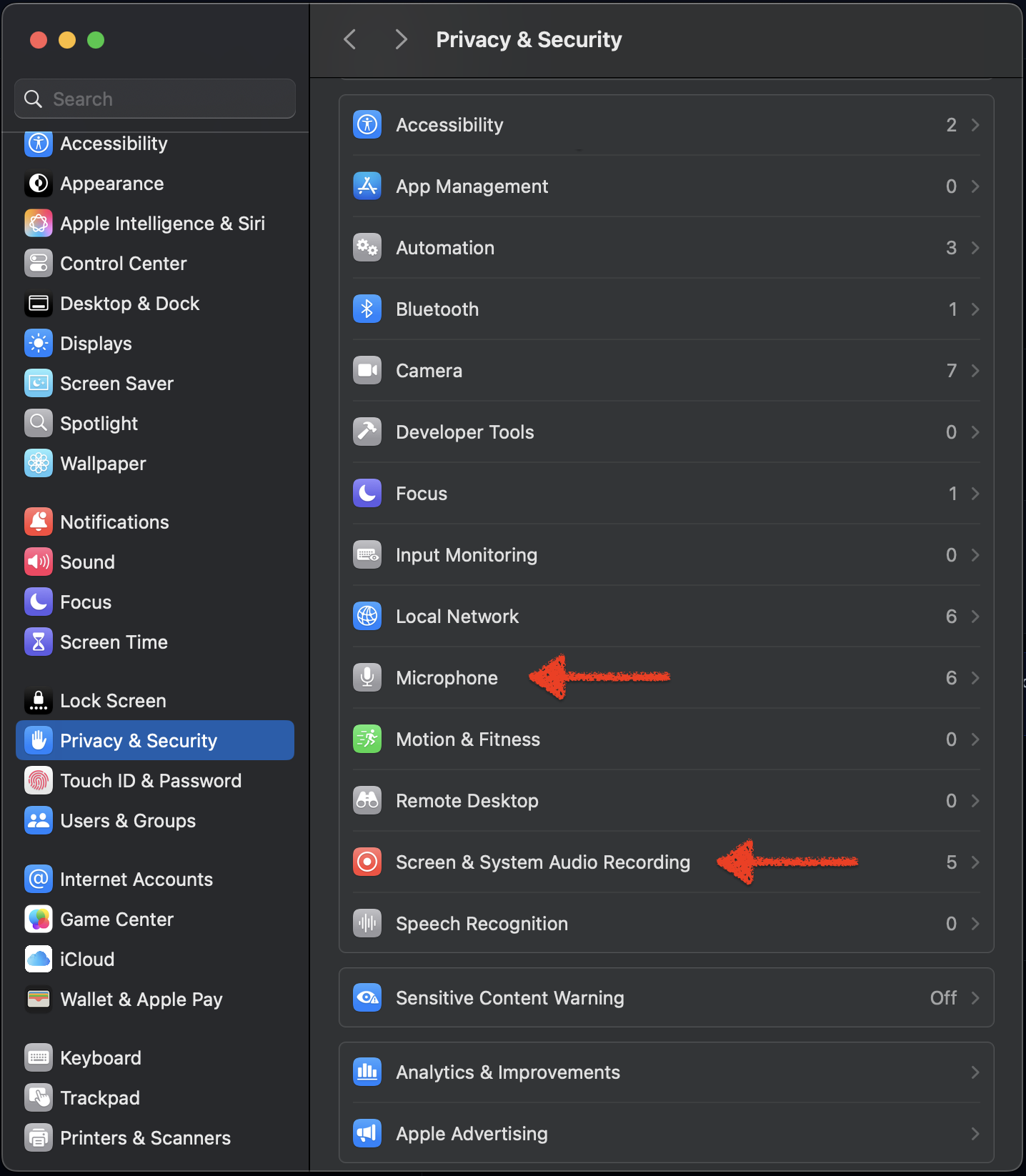 System Settings - Privacy & Security