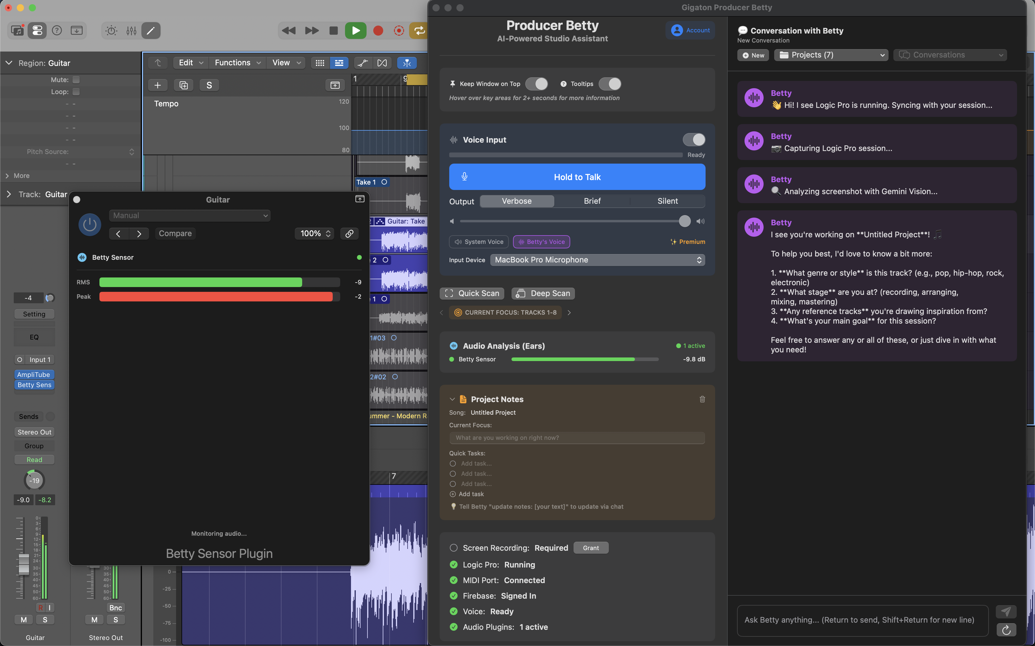 Betty Sensor plugin placement in Logic Pro channel strip